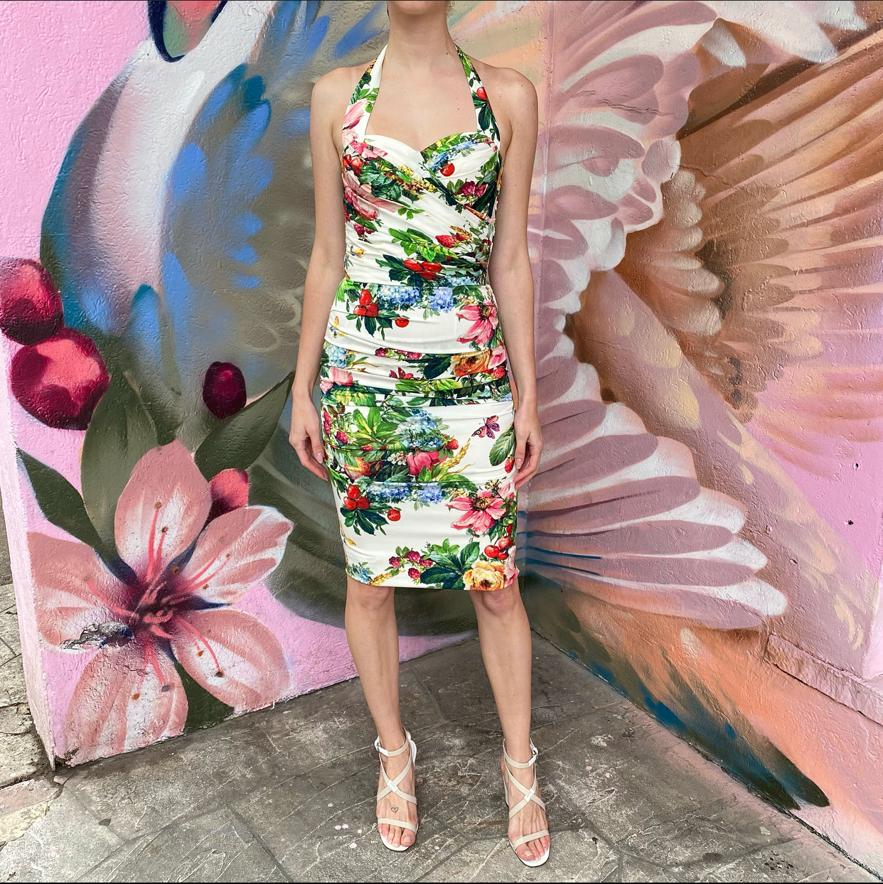 Dolce & Gabbana White Green Pink Floral Butterfly Halter Dress - IT38 / 2