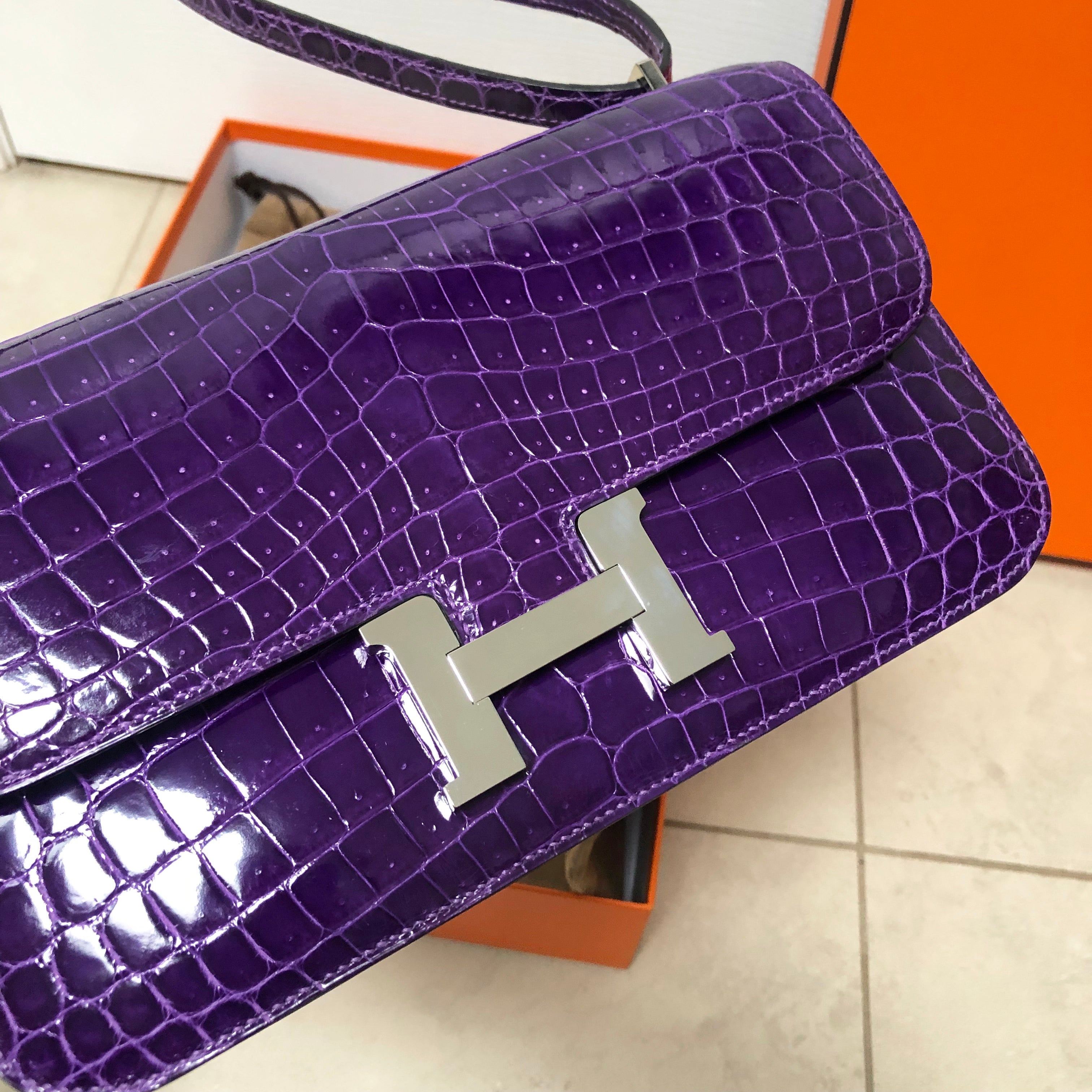 Hermes Ultraviolet Niloticus Crocodile Constance Elan Bag PHW