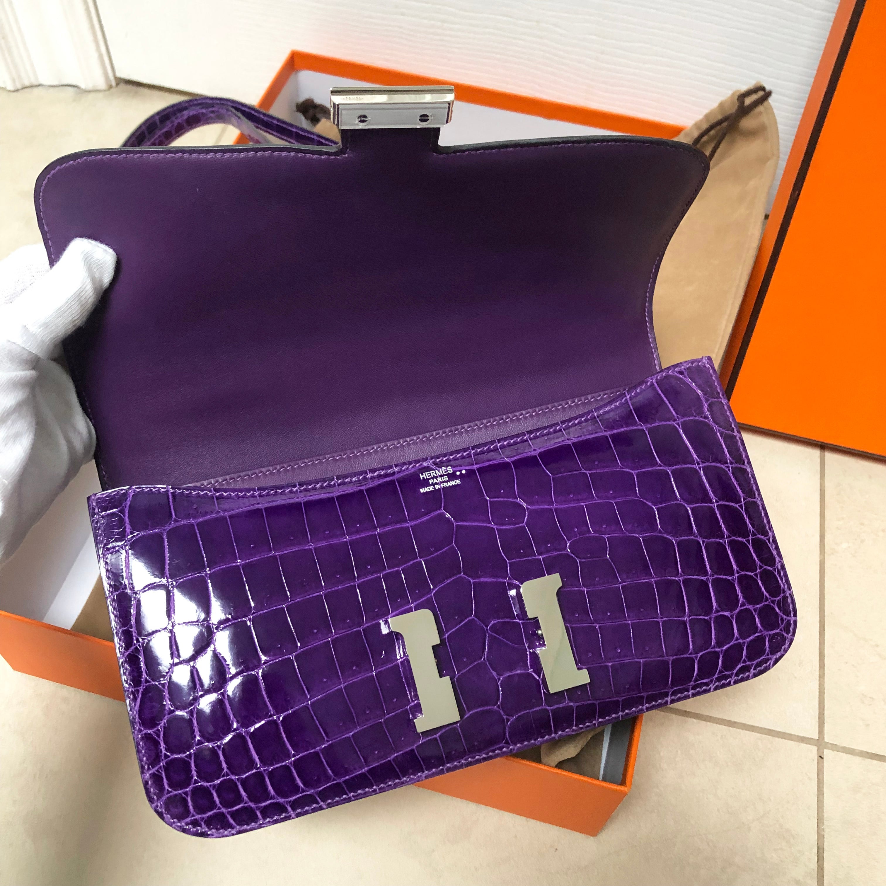 Hermes Ultraviolet Niloticus Crocodile Constance Elan Bag PHW