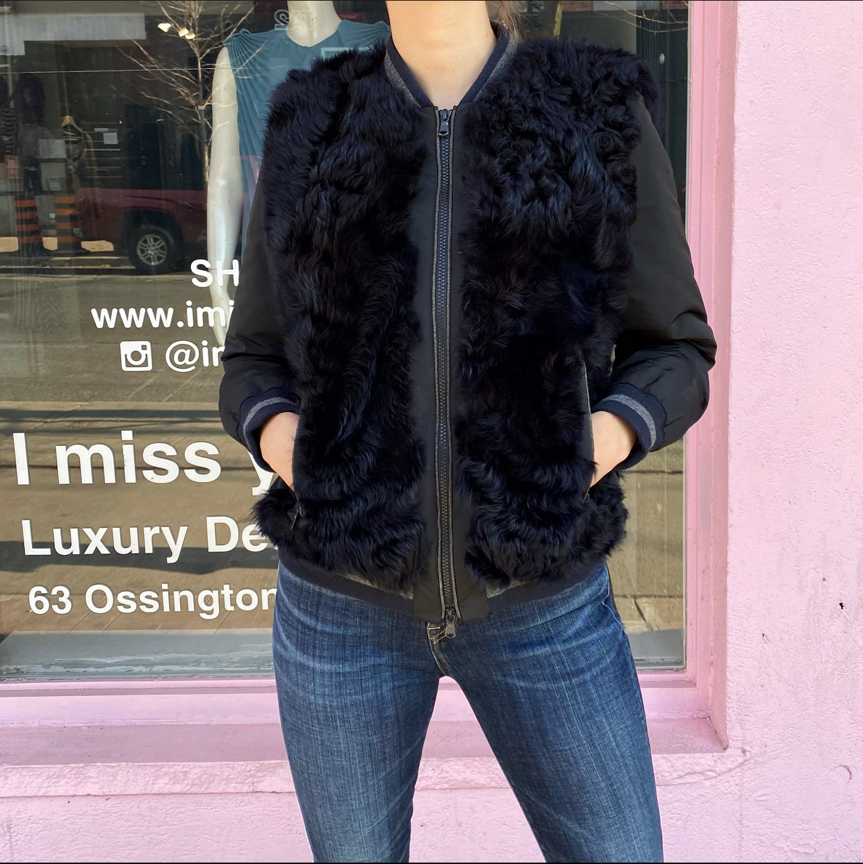 Brunello Cucinelli Navy Curly Lamb Fur Bomber Jacket
