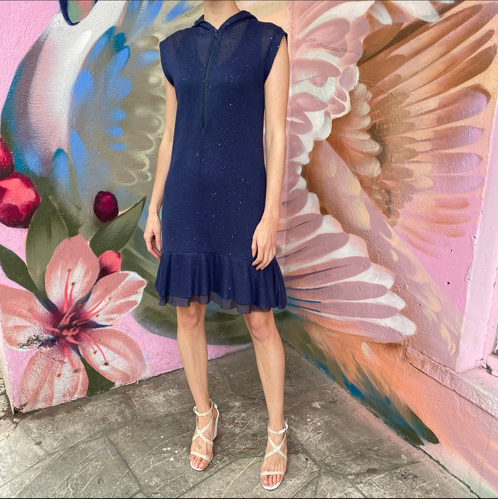 Brunello Cucinelli Navy Knit Sleeveless Zip Dress - M