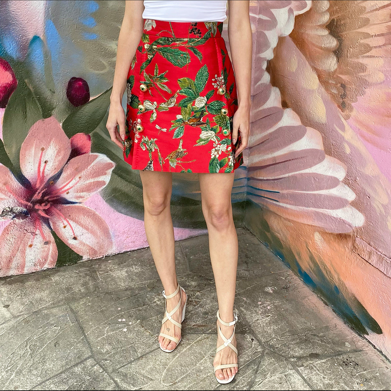 Dolce & Gabbana Red Green Gold Brocade Birds Mini Skirt - IT38 / 2 XS
