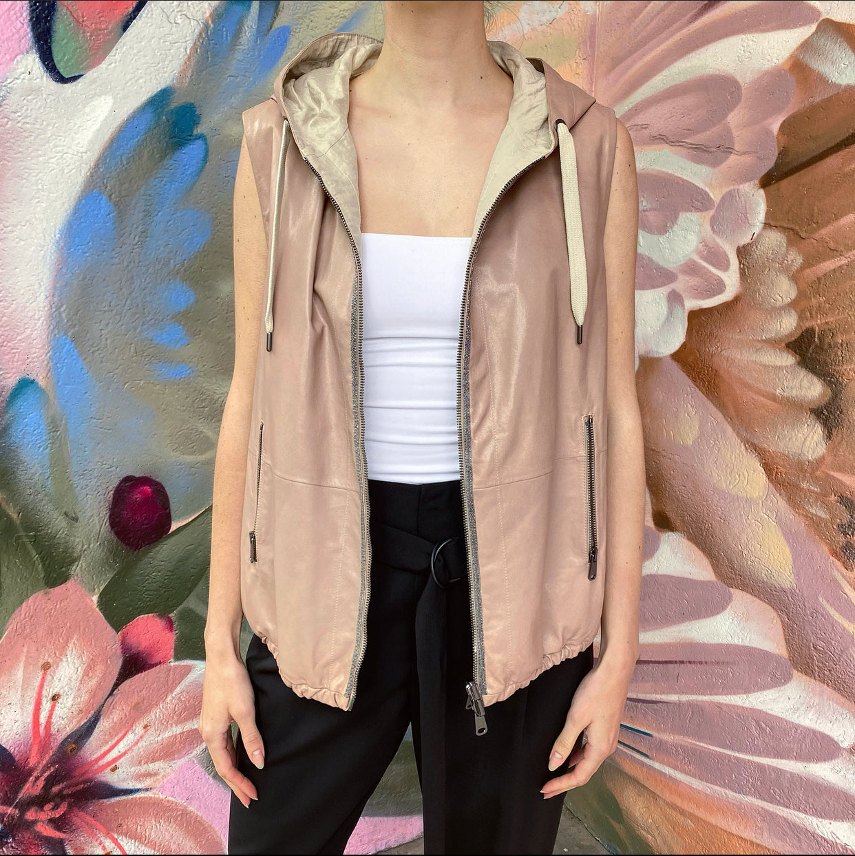Brunello Cucinelli Quartz Pink Leather Reversible Hooded Vest - IT44 / 8