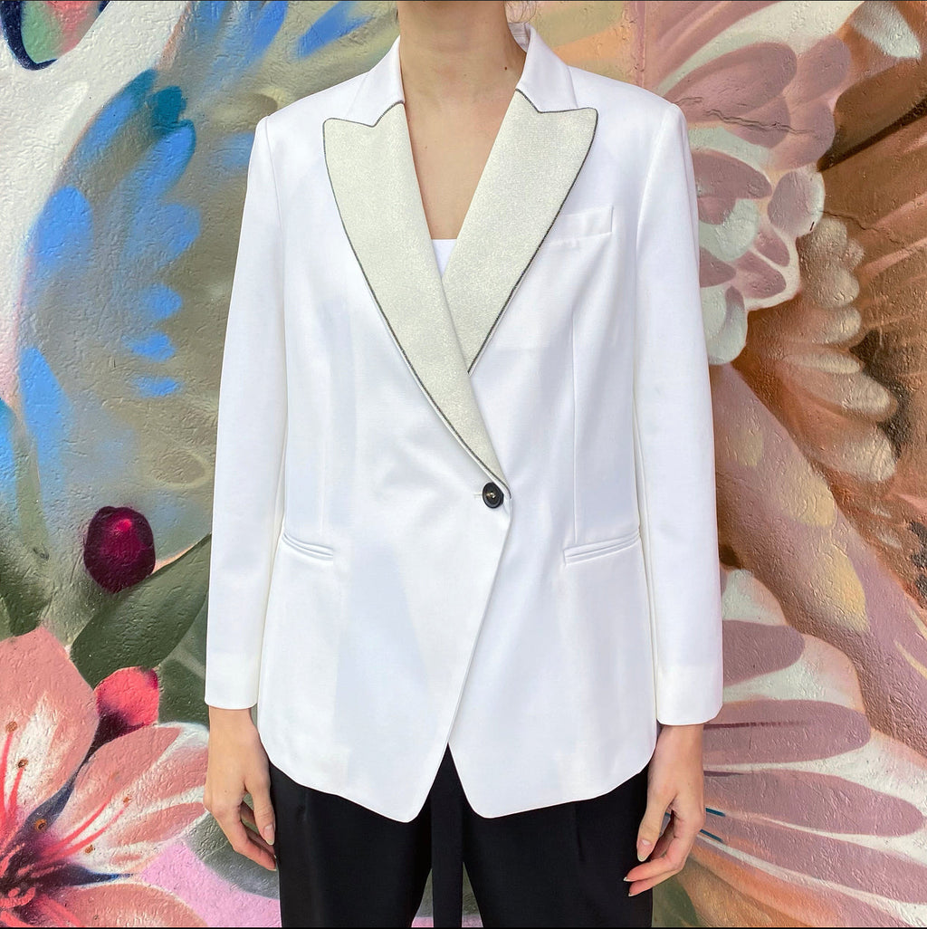Brunello Cucinelli Ivory Tux Blazer with Monili Trim - IT44 / USA 8