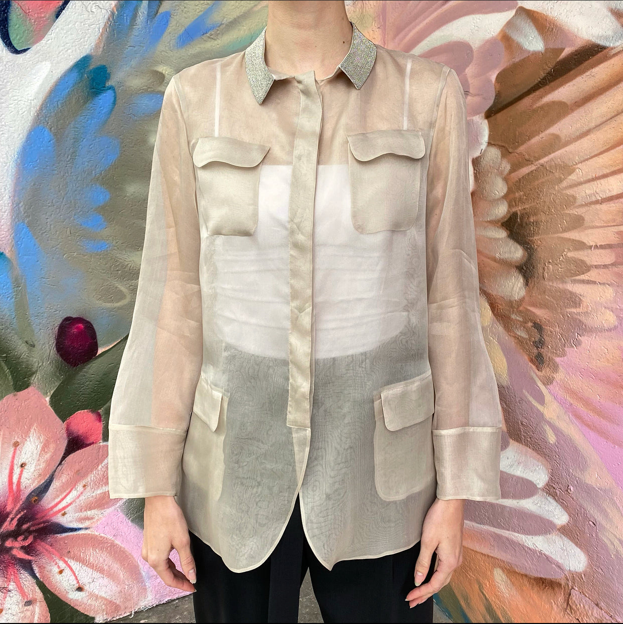Fabiana Filippi Sand Organza Silk Monili Bead Blazer Jacket - M
