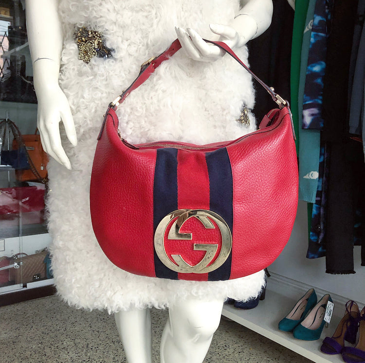 Gucci Red Leather Blondie GG Medallion Web Stripe Hobo Bag