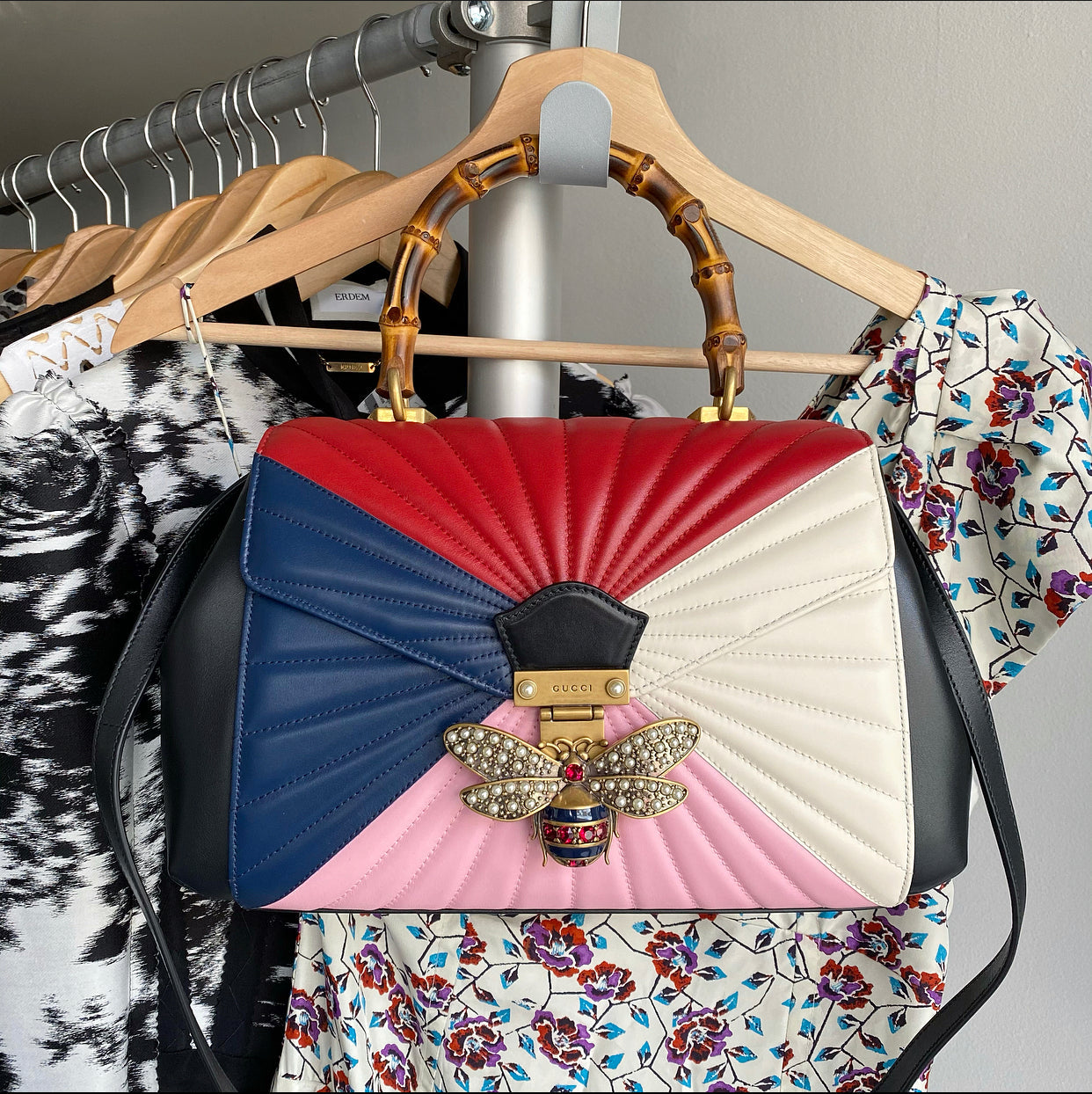 Gucci Pink Navy White Bamboo Queen Margaret Medium Bag