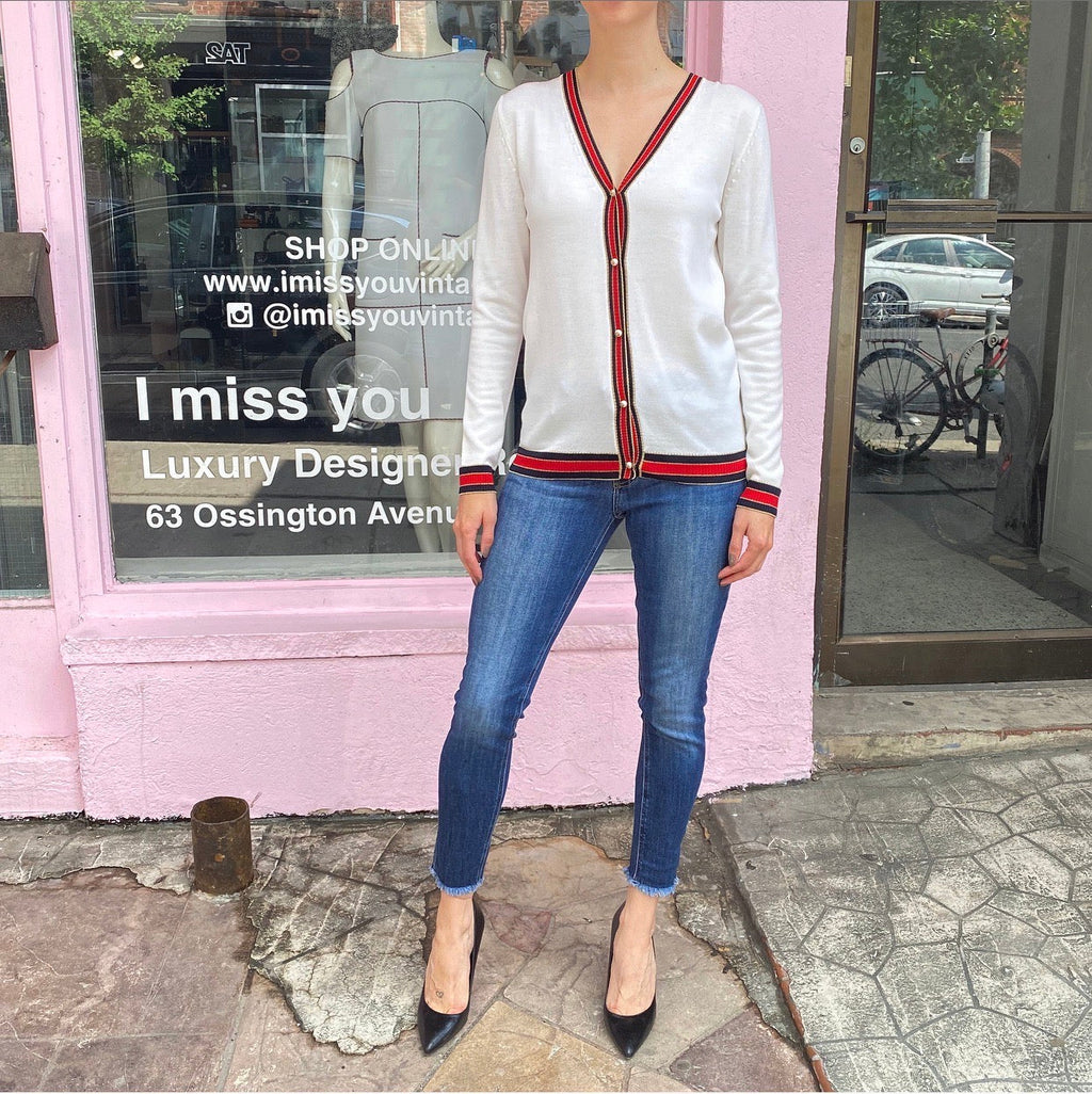 Gucci Ivory Wool igan with Red Black Trim and Pearl GG Buttons - M