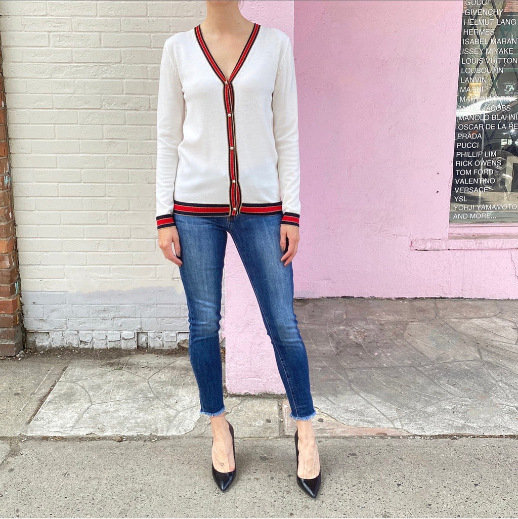 Gucci Ivory Wool igan with Red Black Trim and Pearl GG Buttons - M