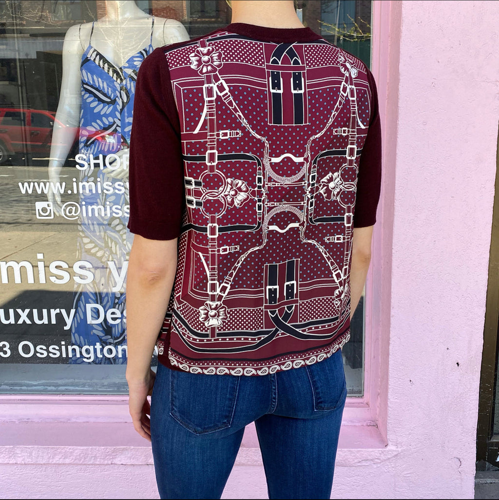 Hermes Burgundy Wool Short Sleeve Silk Inset Sweater - FR34 / FR36
