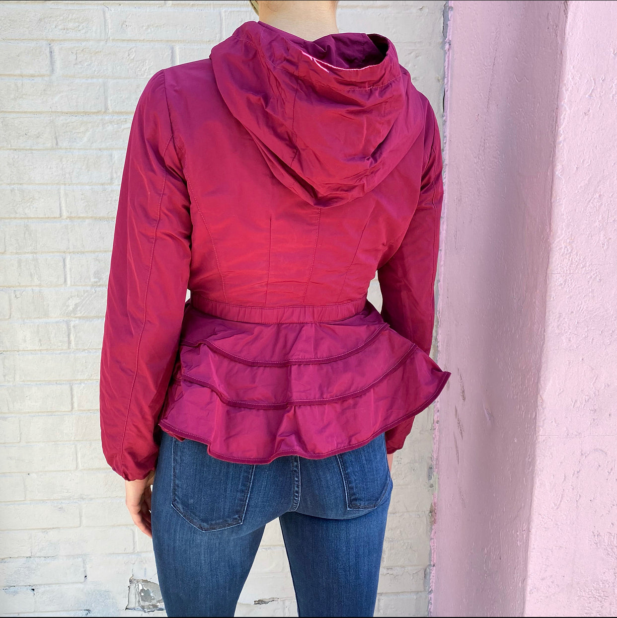 Moncler Gazonette Magenta Light Spring Hooded Ruffle Jacket - XS / 2