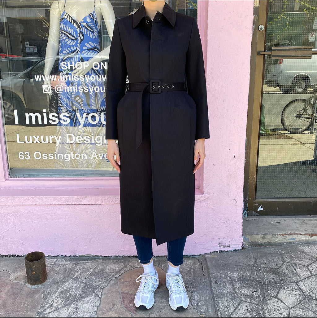 Balenciaga 2018 Black Cotton Sculpted Hip Belted Spring Coat  - FR36 / USA 2