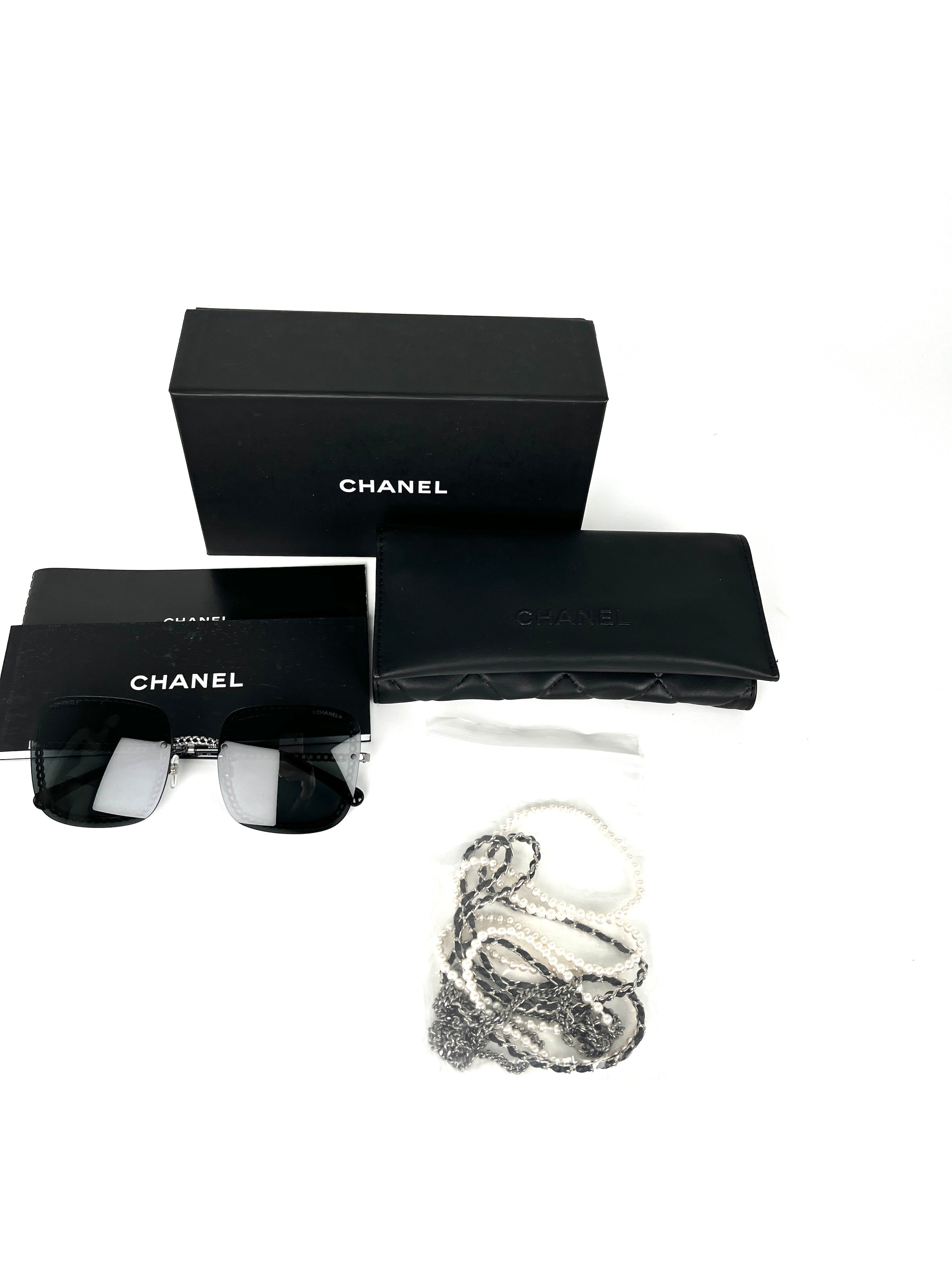 CHANEL Square 4244 Chain Signature Black Silver Faux Pearl Sunglasses