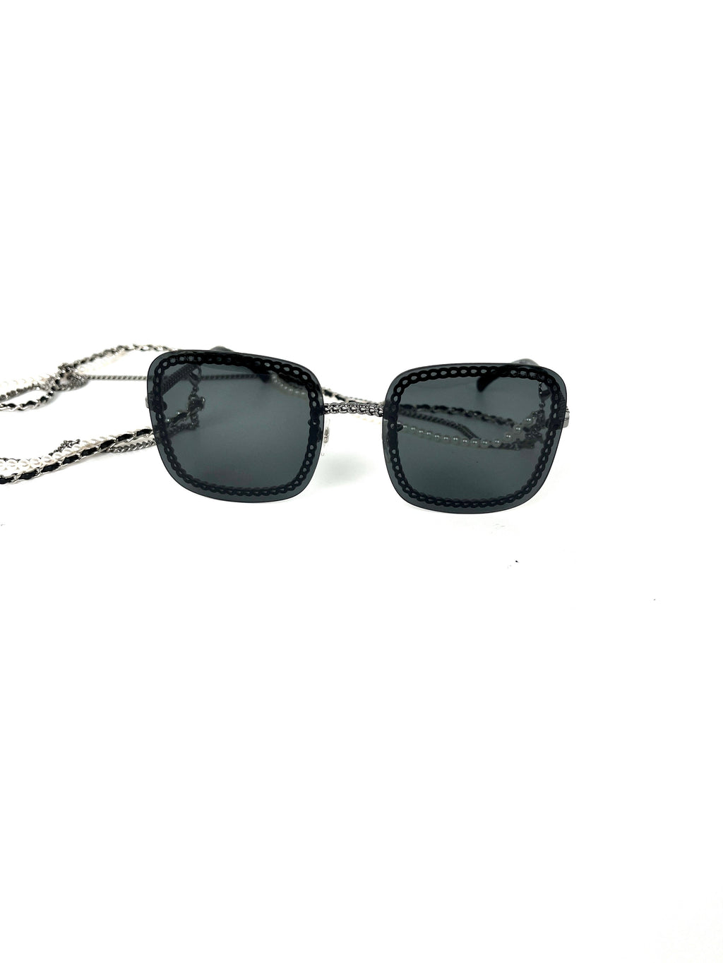 CHANEL Square 4244 Chain Signature Black Silver Faux Pearl Sunglasses