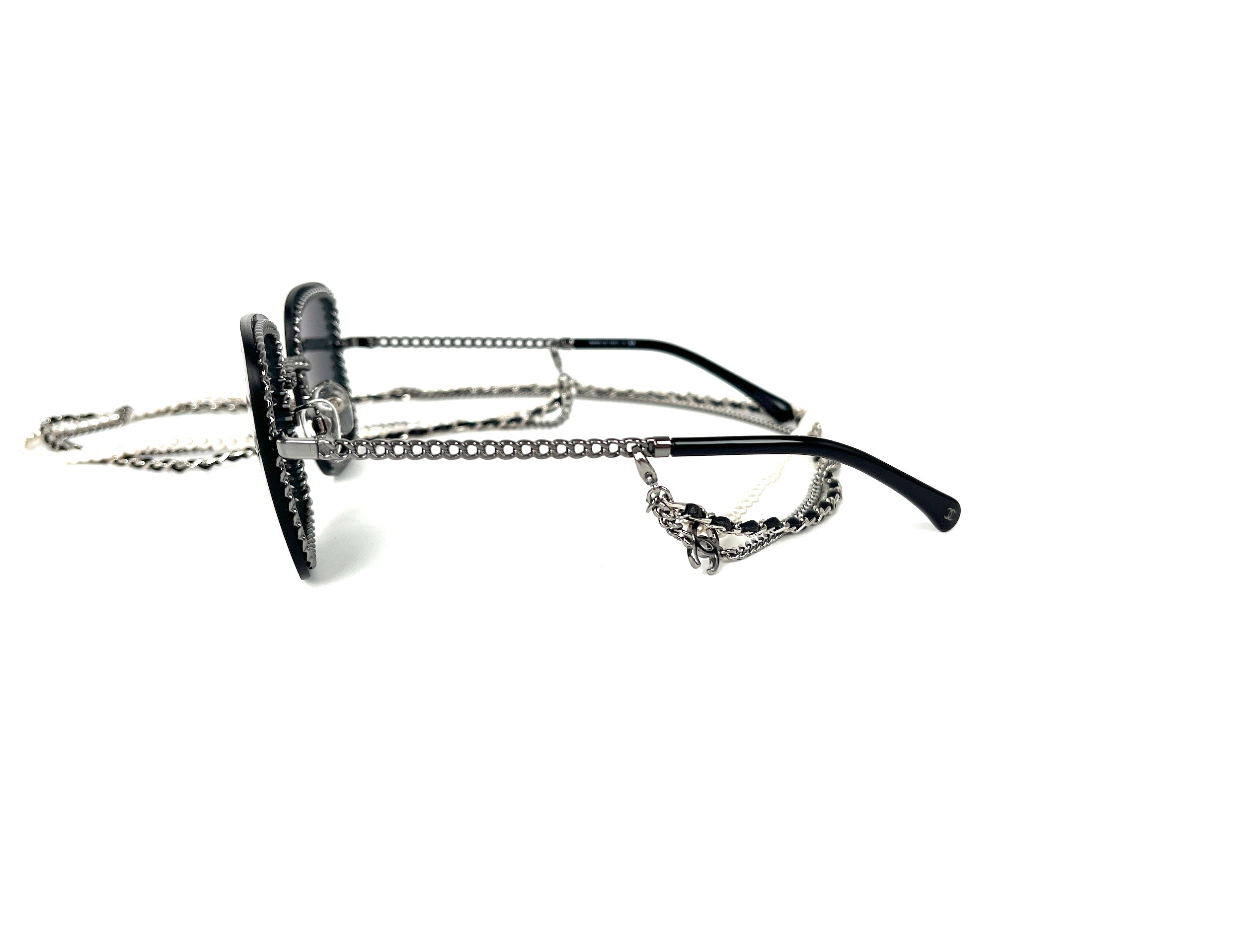 CHANEL Square 4244 Chain Signature Black Silver Faux Pearl Sunglasses