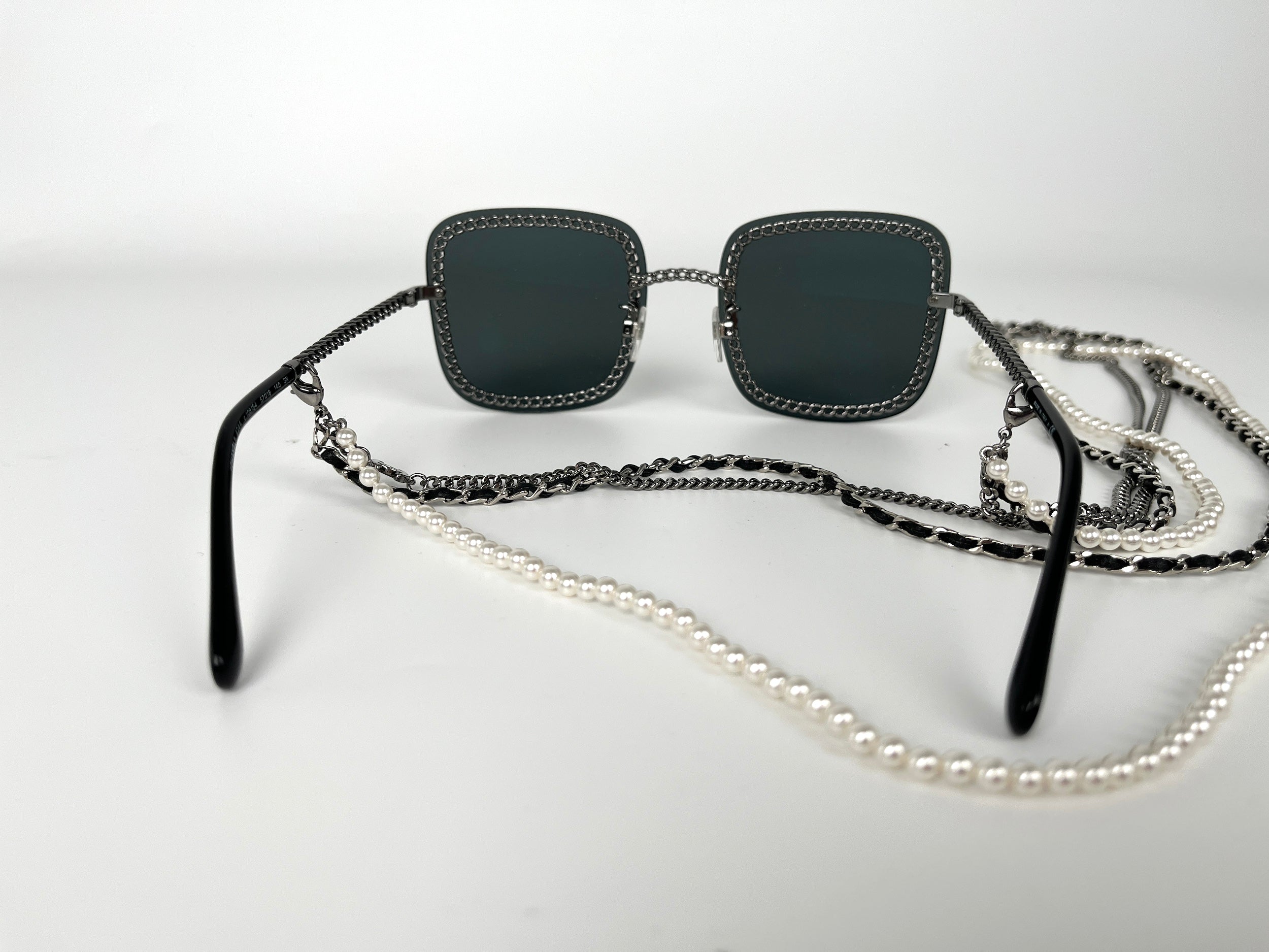 CHANEL Square 4244 Chain Signature Black Silver Faux Pearl Sunglasses