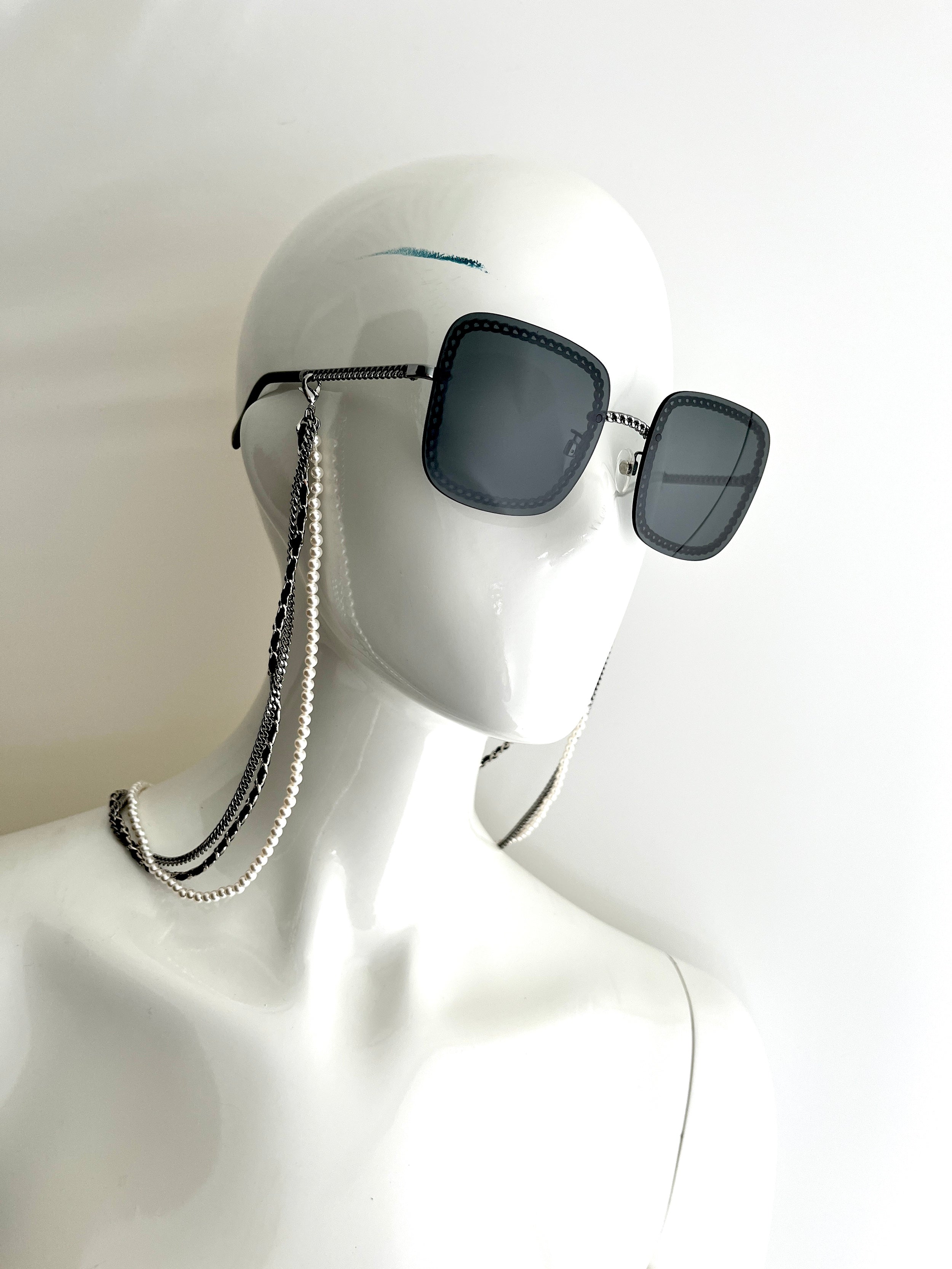 CHANEL Square 4244 Chain Signature Black Silver Faux Pearl Sunglasses