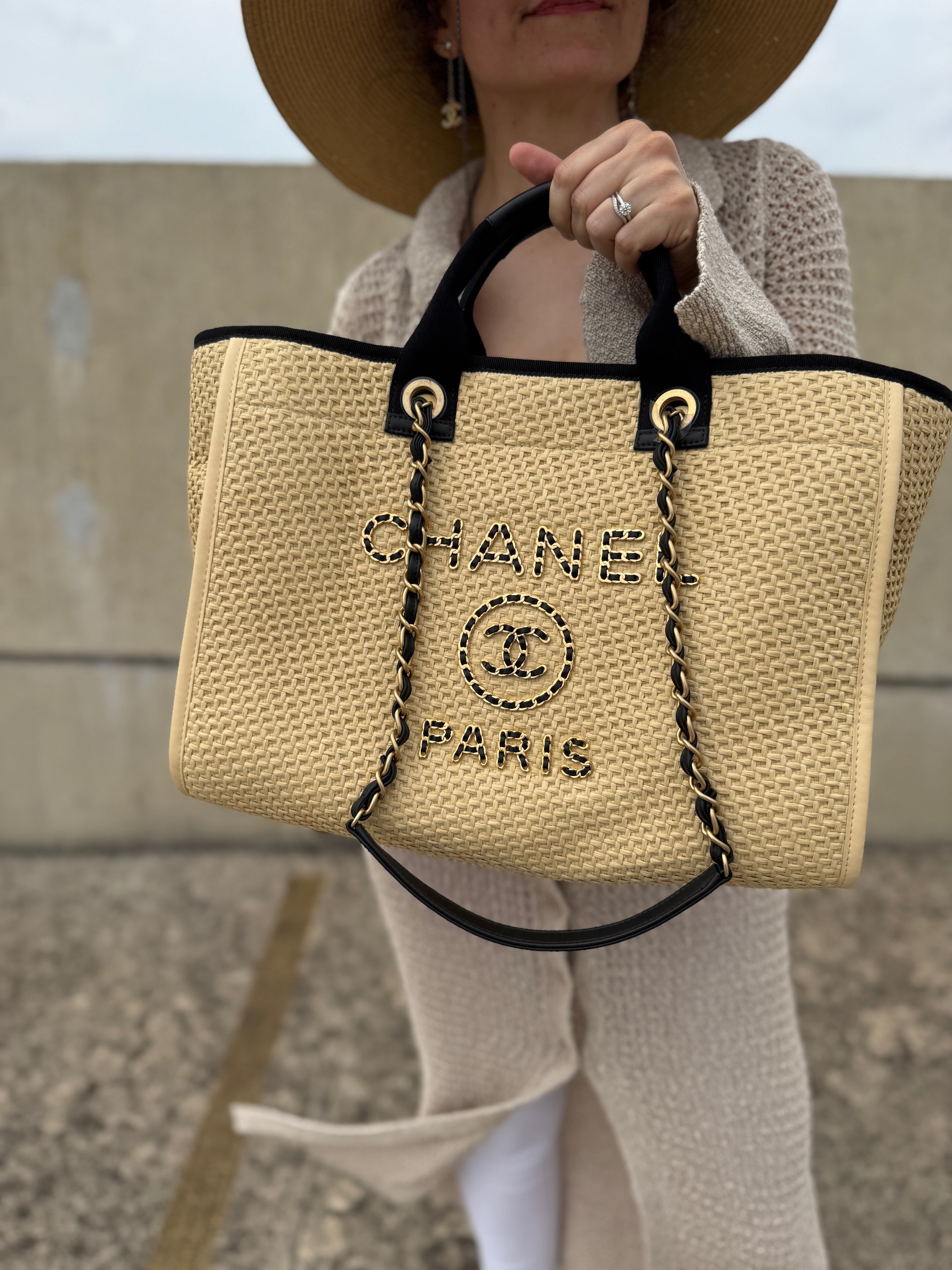 CHANEL Deauville Straw Raffia Calfskin Beige Medium Shopping Tote