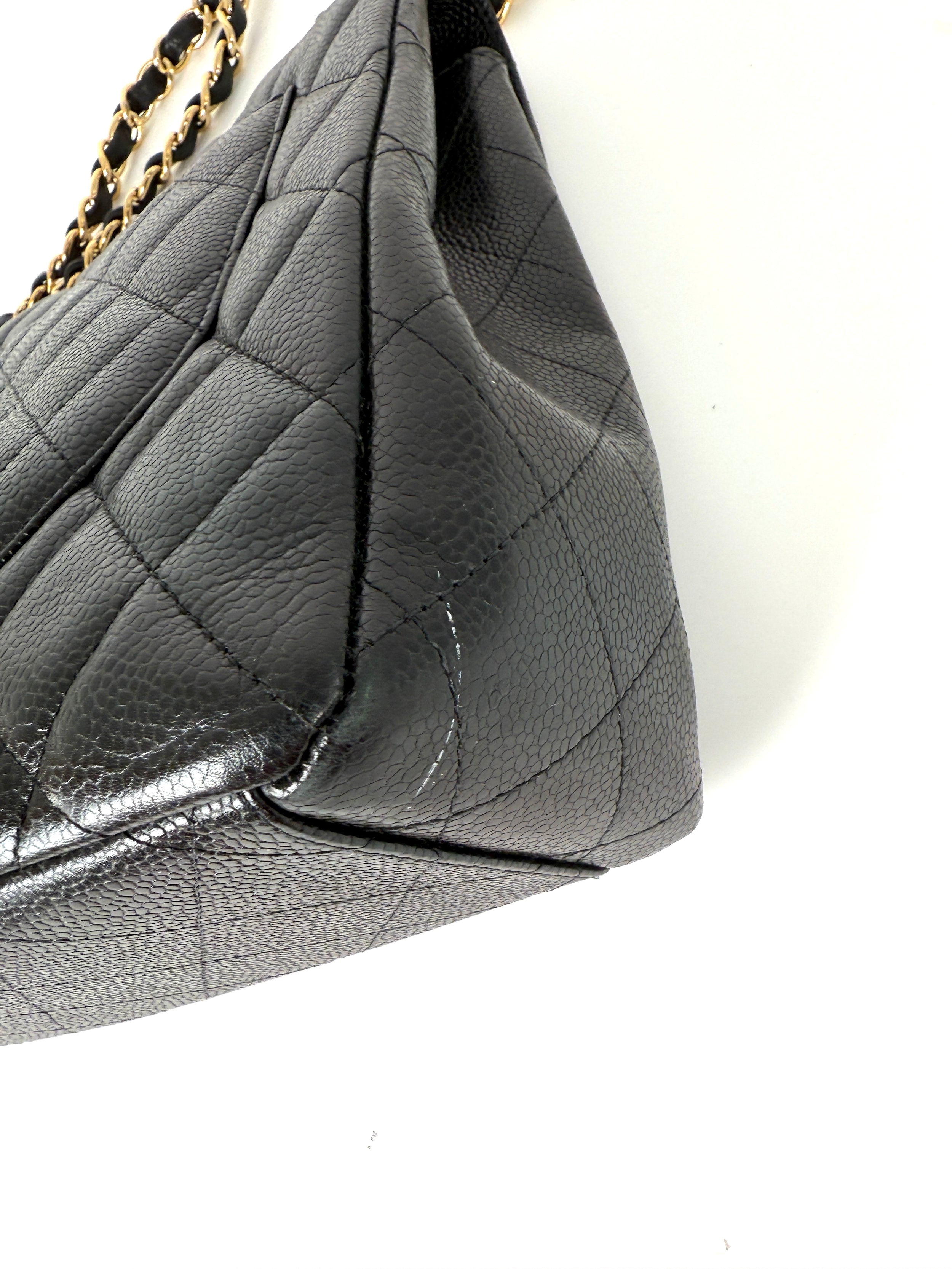CHANEL Maxi Jumbo Classic Black Caviar Quilted Gold Hardware Single Flap Shoulder Crossbody Bag