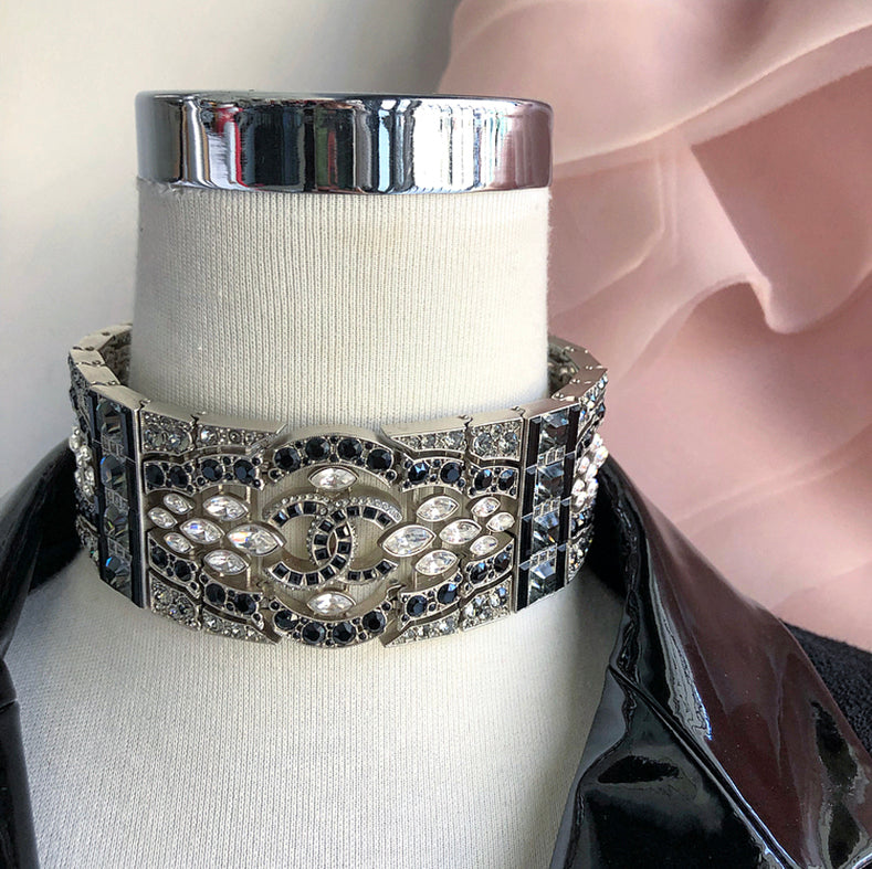 Chanel 15K Crystal CC Art Deco Style Runway Choker Necklace