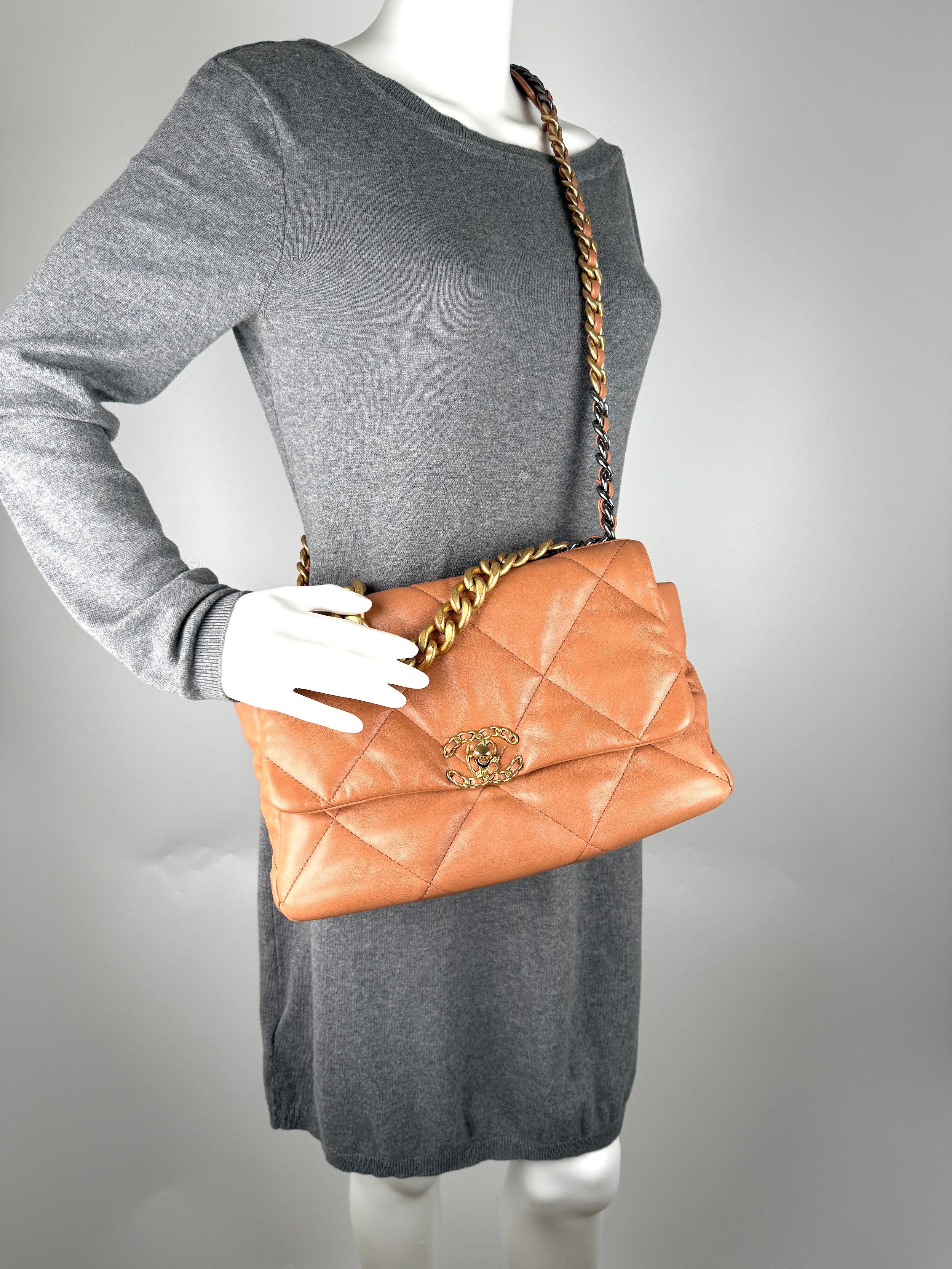 CHANEL 19 2021 Large Brown Quilted Gold Hardware Flap Bag