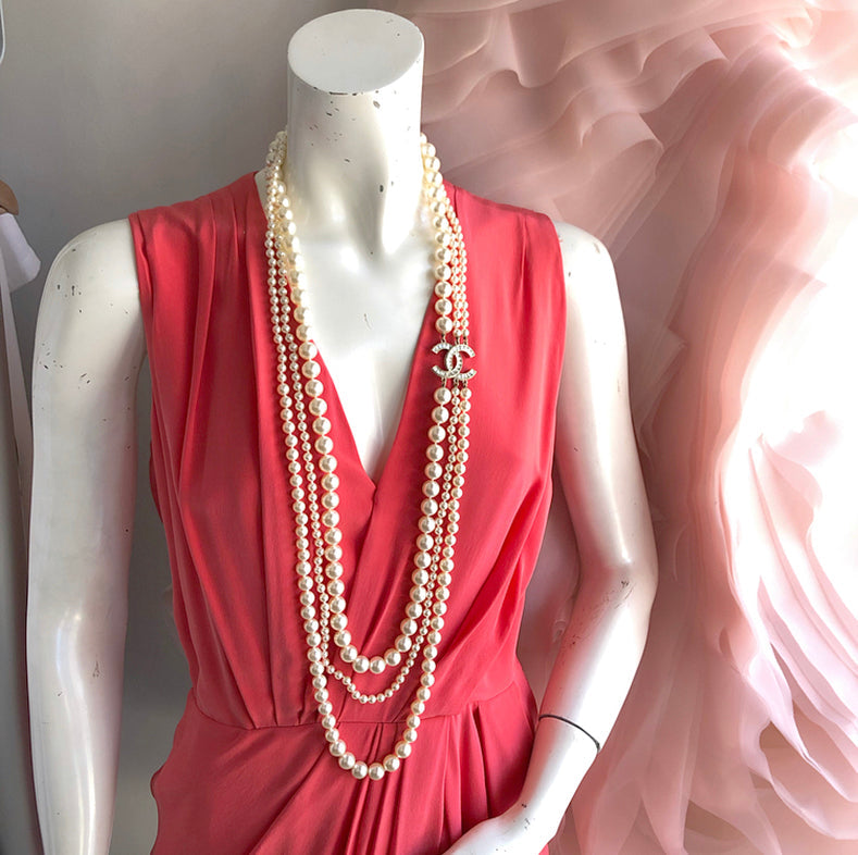 Chanel 14B Triple Pearl Multi Strand Jewelled CC Necklace