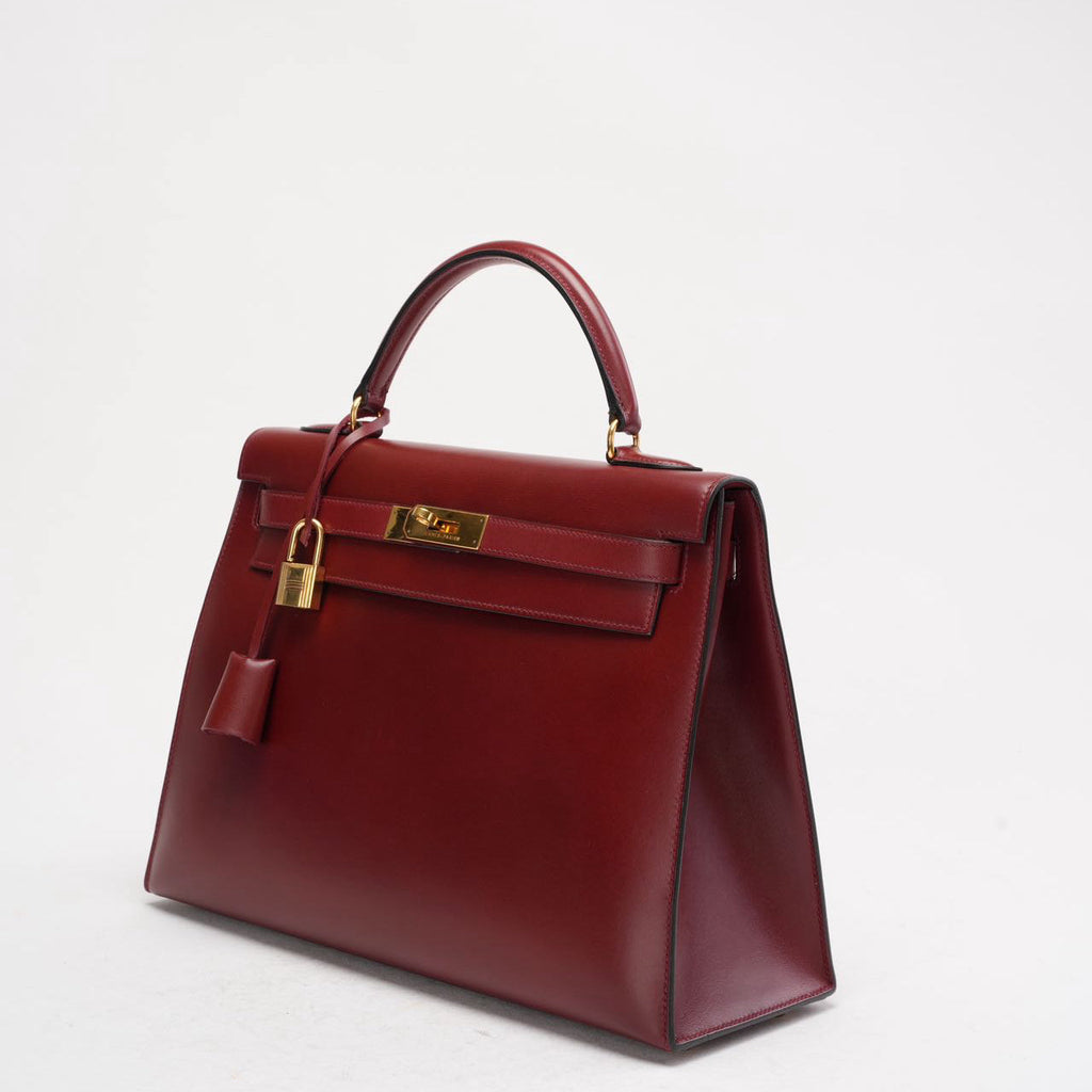 Hermes Vintgae Kelly 32 Burgundy Red Box Leather 1993