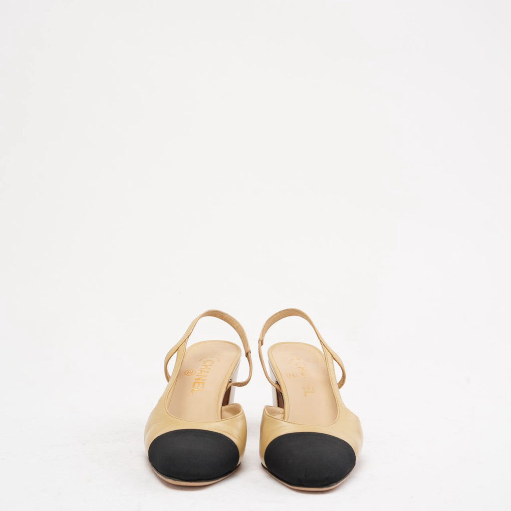 Chanel Black / Beige Cap Toe Slingback 38C