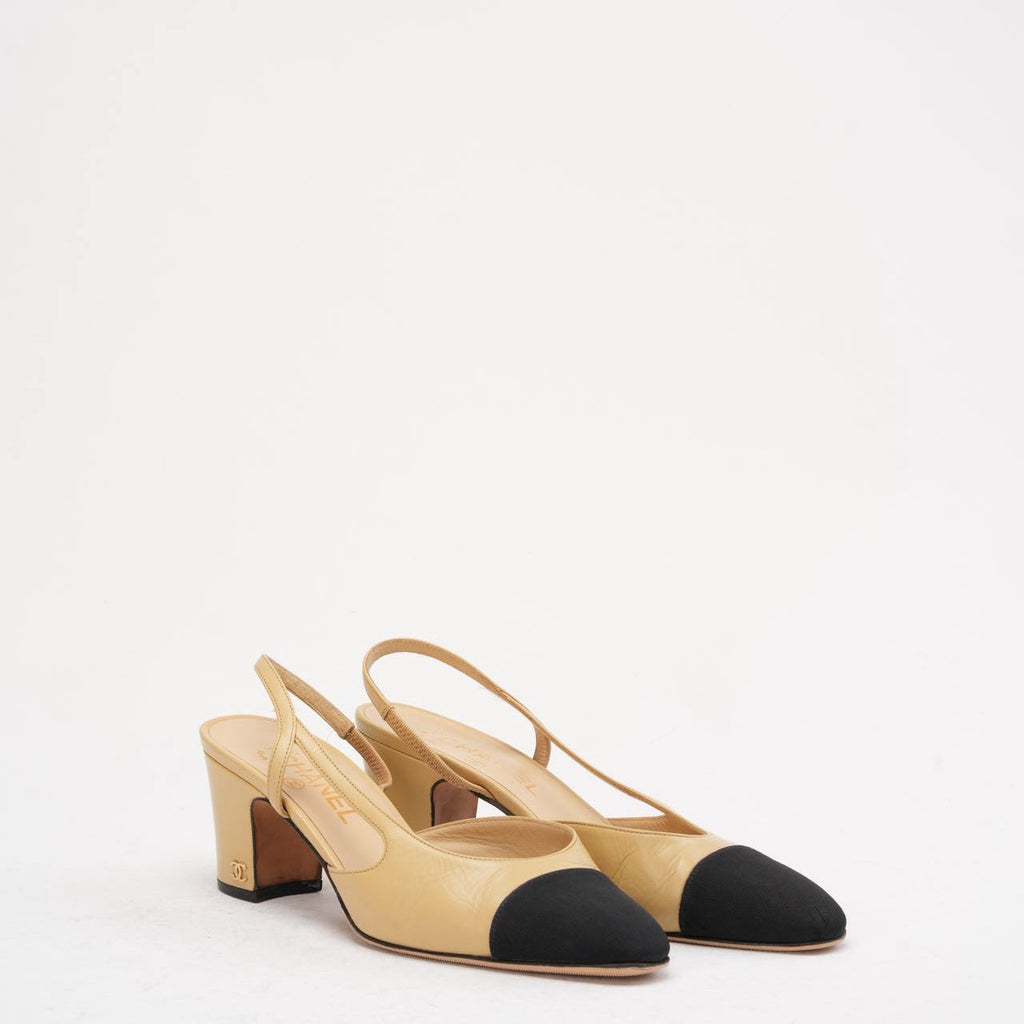 Chanel Black / Beige Cap Toe Slingback 38C