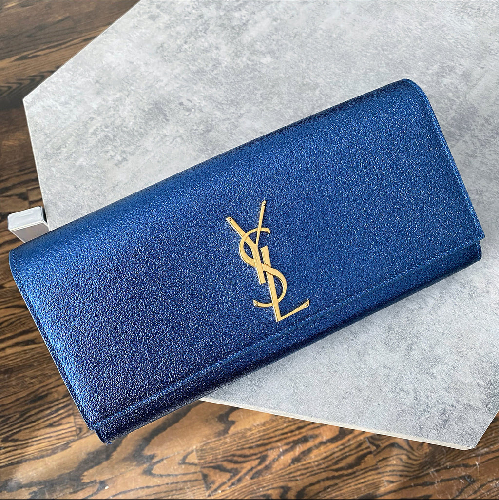 Saint Laurent Metallic Blue Cassandre Clutch Bag