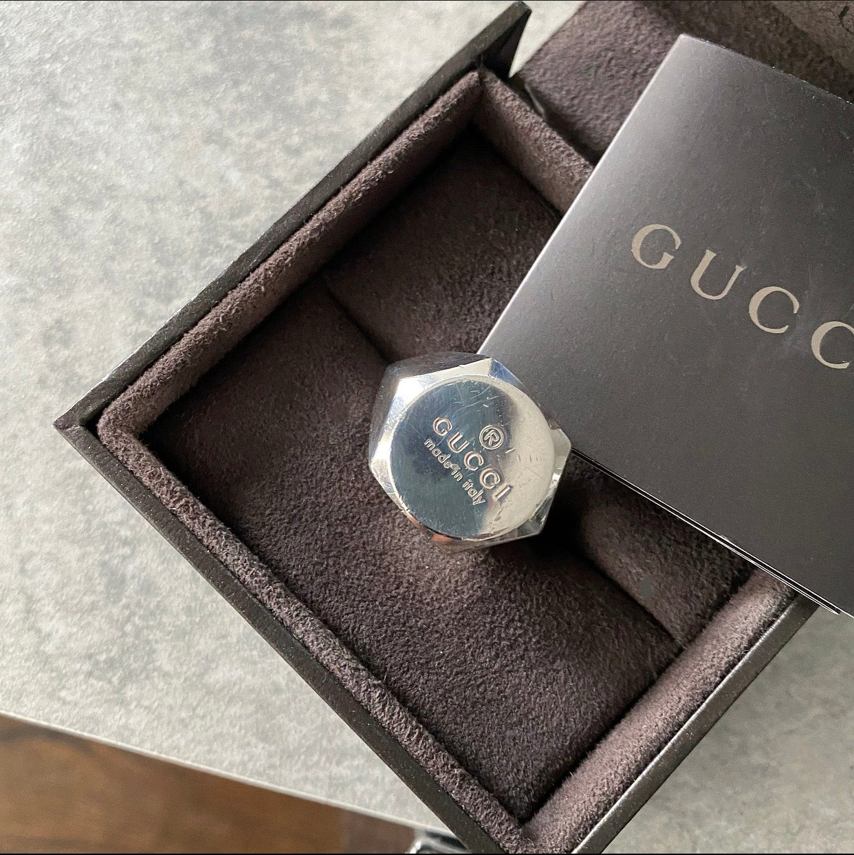 Gucci Sterling Silver Large Hexagonal Logo Signet Ring - USA 9