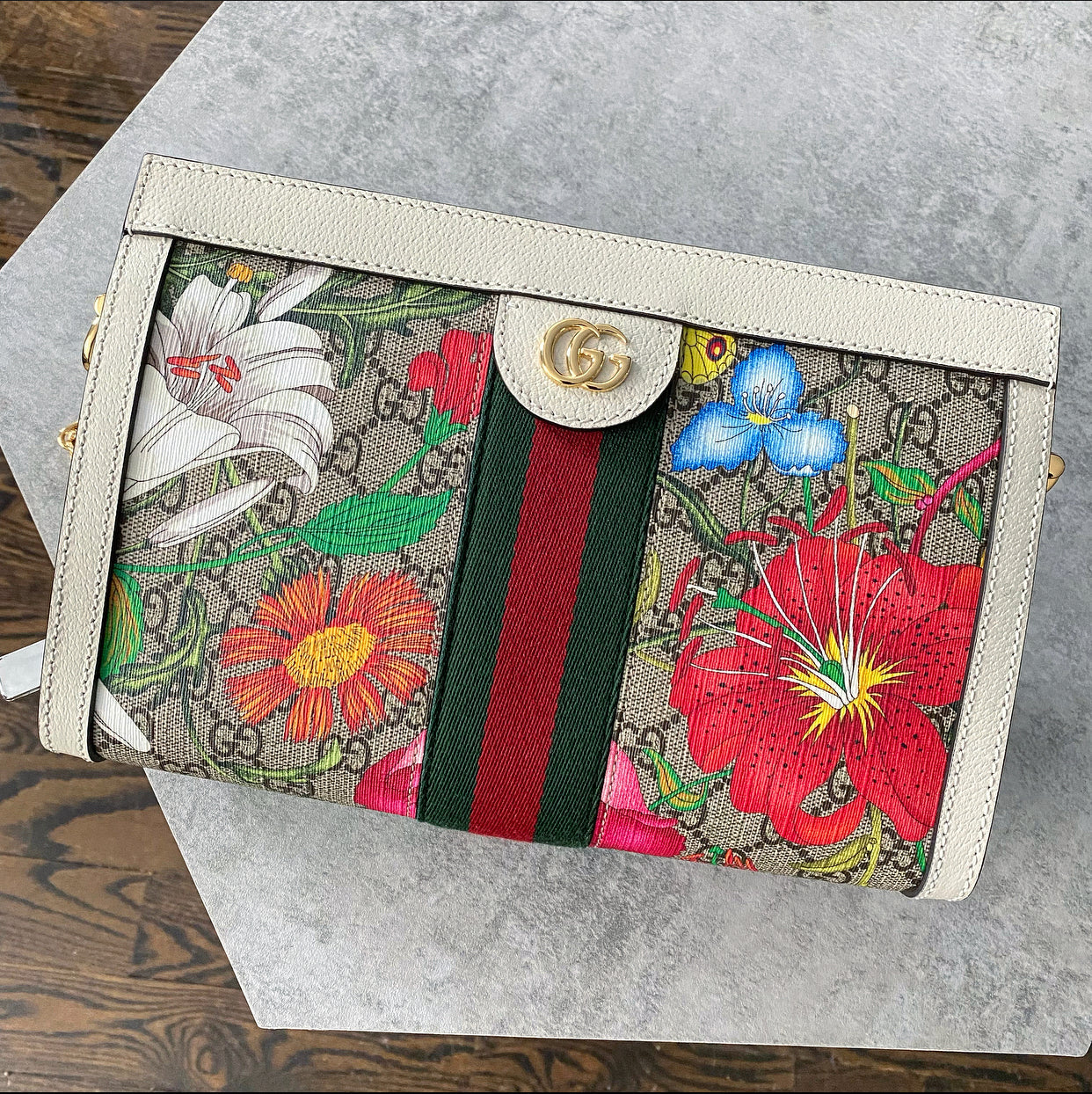 Gucci Ivory Small Ophidia Supreme Floral Shoulder Bag / Clutch