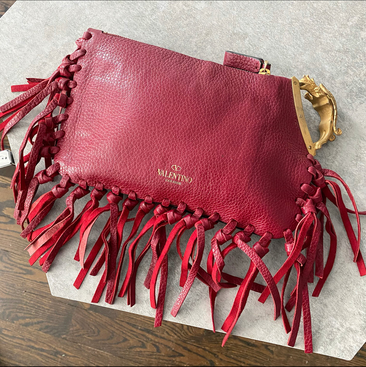 Valentino Small Red Leather Fringed Clutch Bag