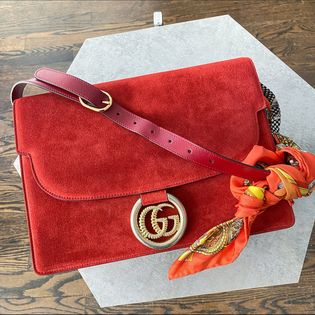 Gucci Brick Red Medium Suede Ring Scarf Bag