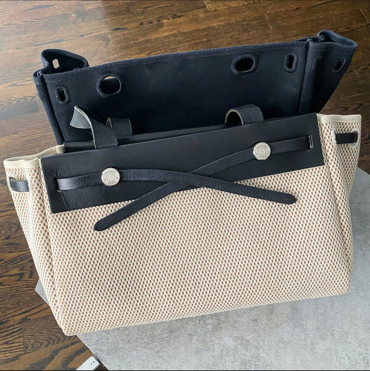 Hermes Canvas Herbag Cabas Black Leather