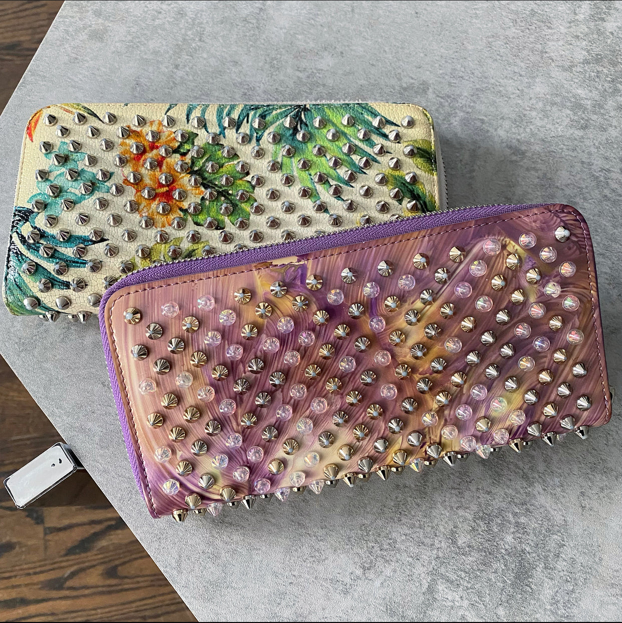 Louboutin Purple Floral Stud Zippy Wallet