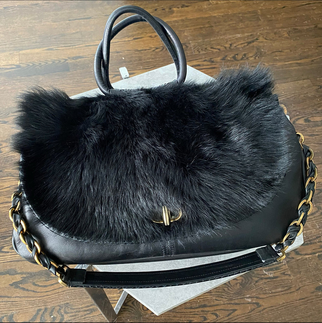 Nina Ricci Black Fur and Python Trim Leather Bag