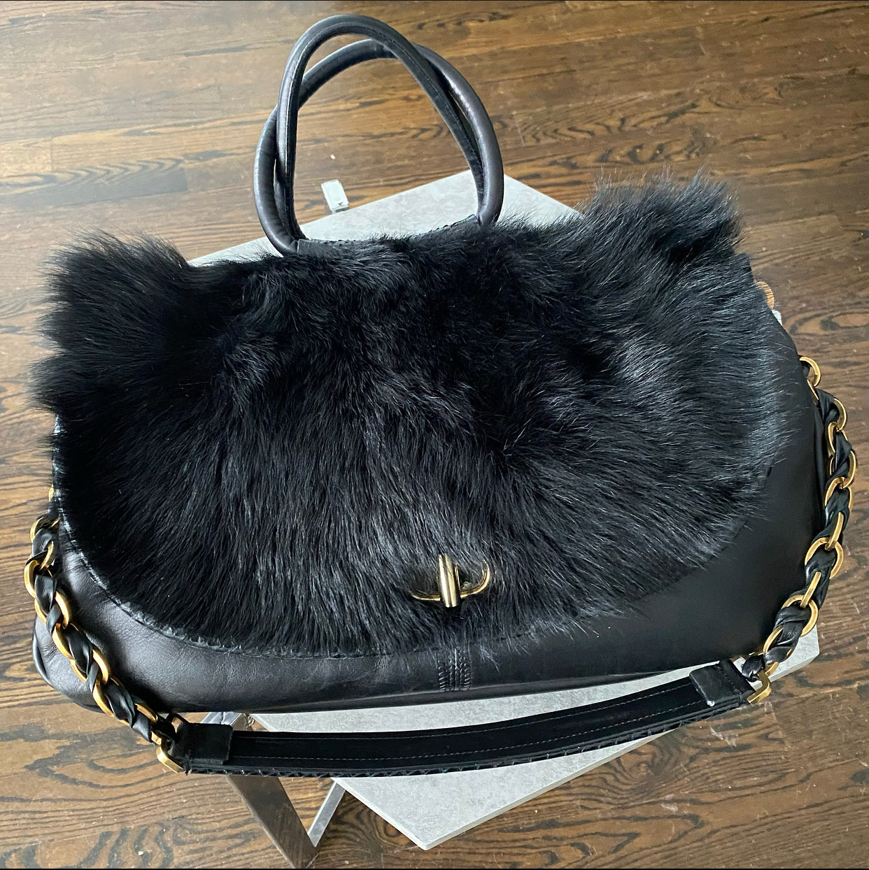 Nina Ricci Black Fur and Python Trim Leather Bag