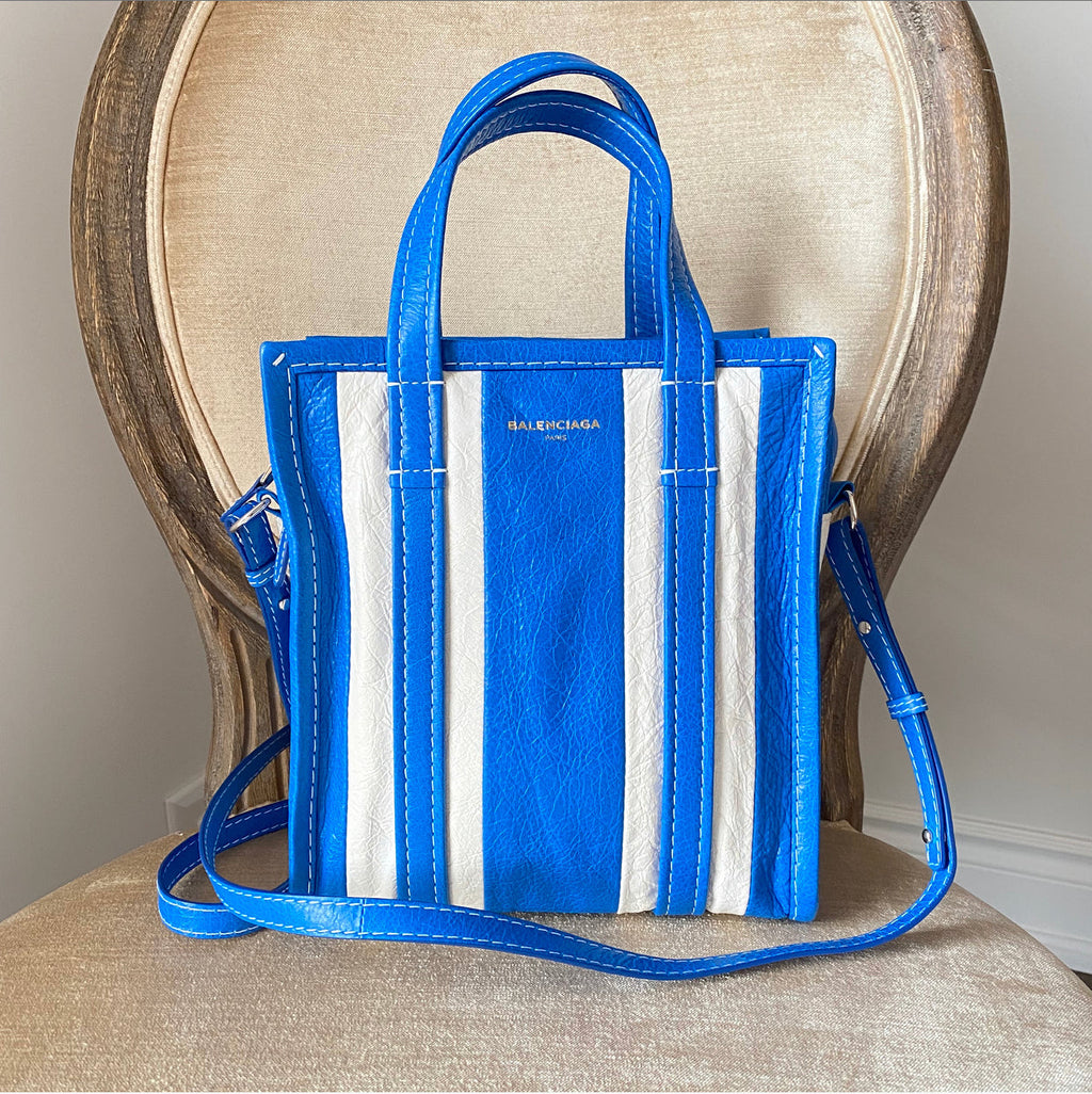 Balenciaga Bazar XS Blue and White Striped Tote Bag
