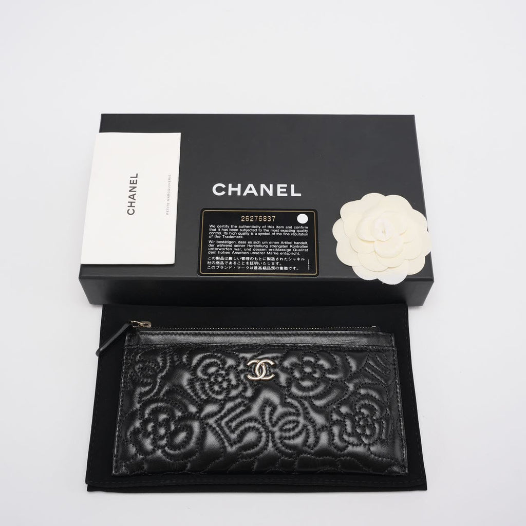 Chanel Camellia Quilted Lambskin Leather Black Zip Pouch