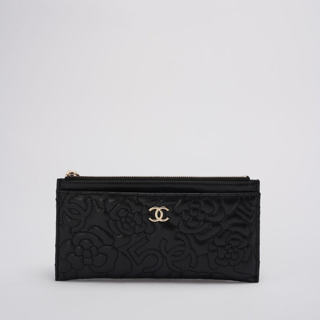 Chanel Camellia Quilted Lambskin Leather Black Zip Pouch