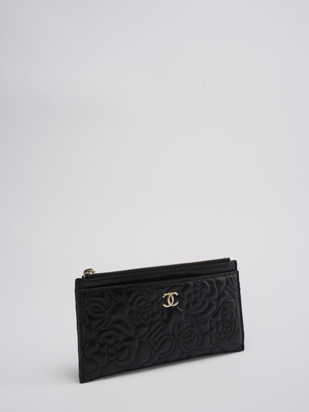 Chanel Camellia Quilted Lambskin Leather Black Zip Pouch