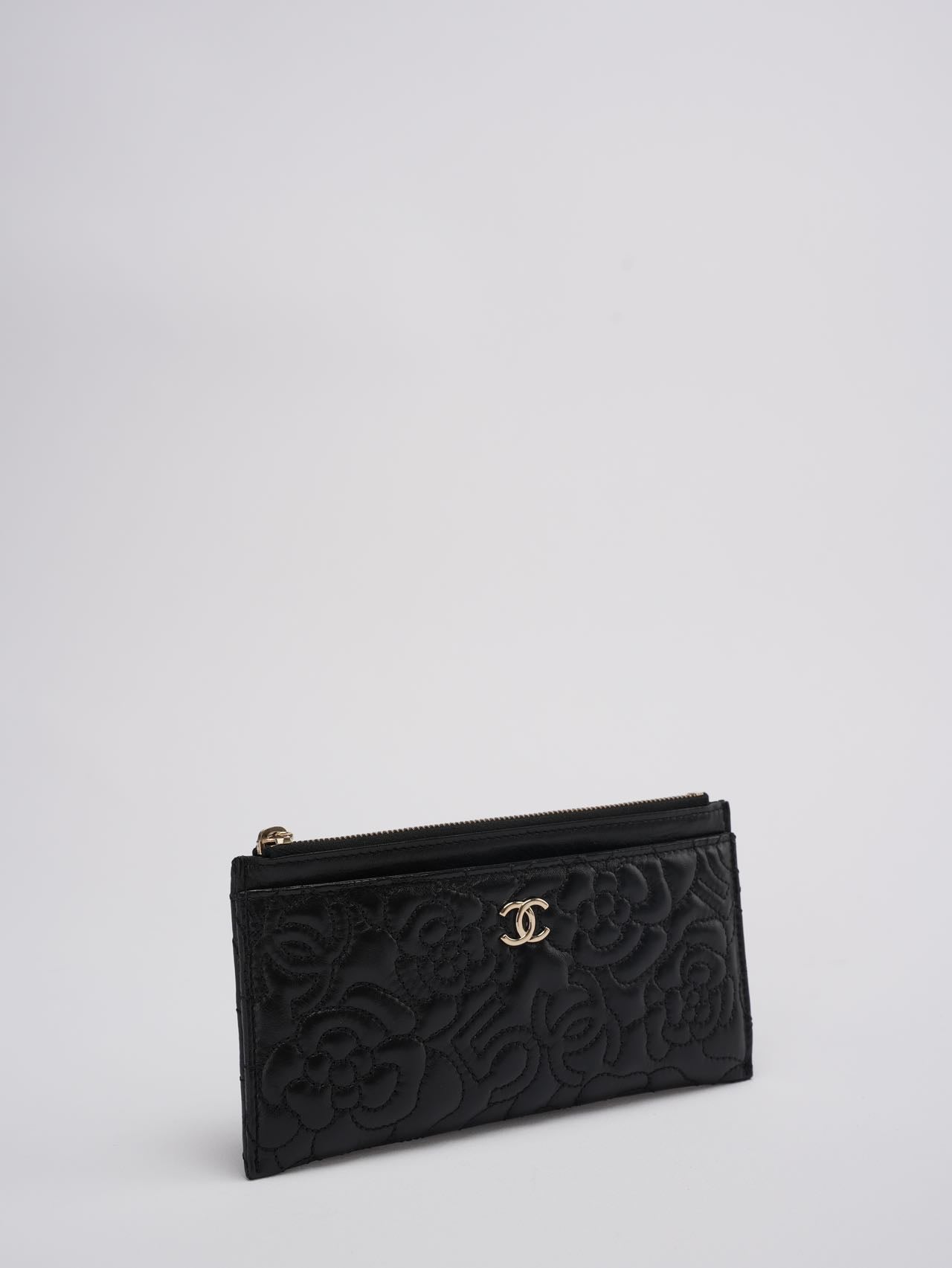 Chanel Camellia Quilted Lambskin Leather Black Zip Pouch