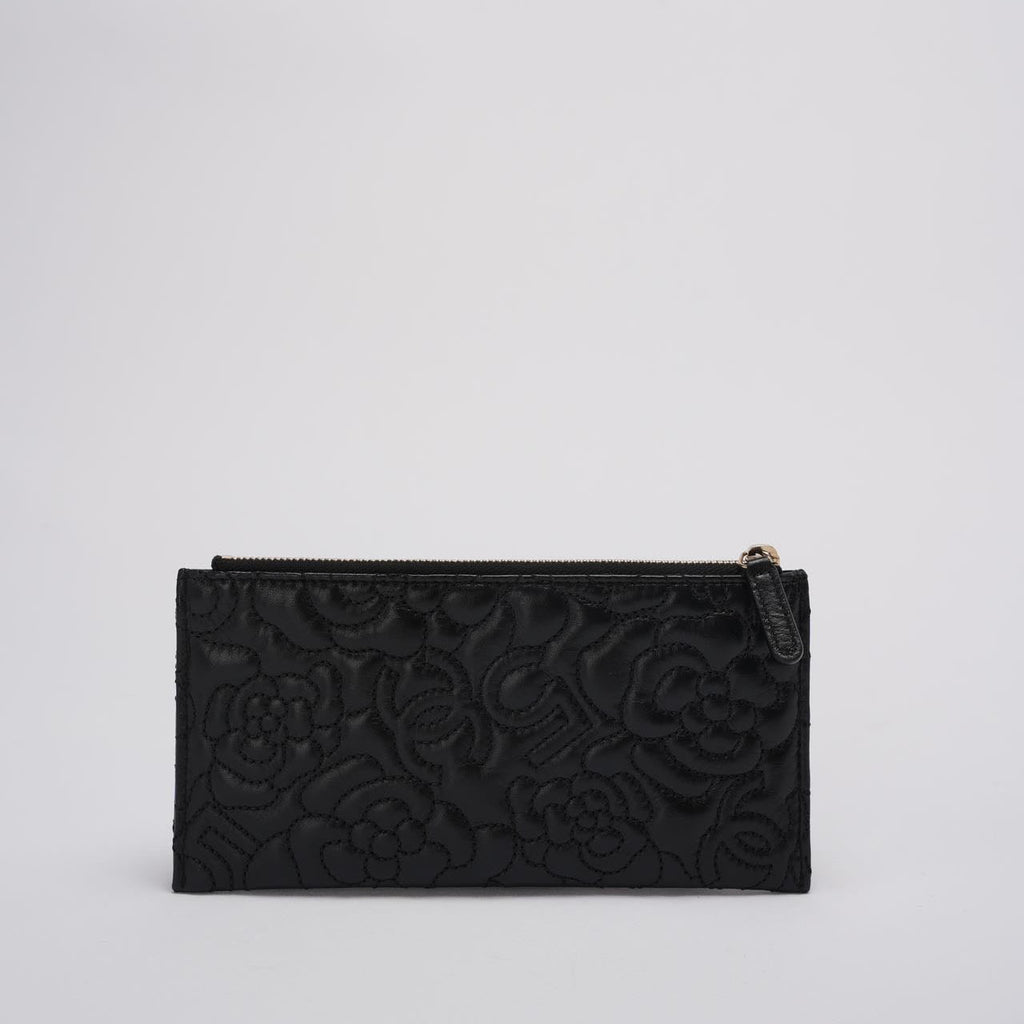 Chanel Camellia Quilted Lambskin Leather Black Zip Pouch