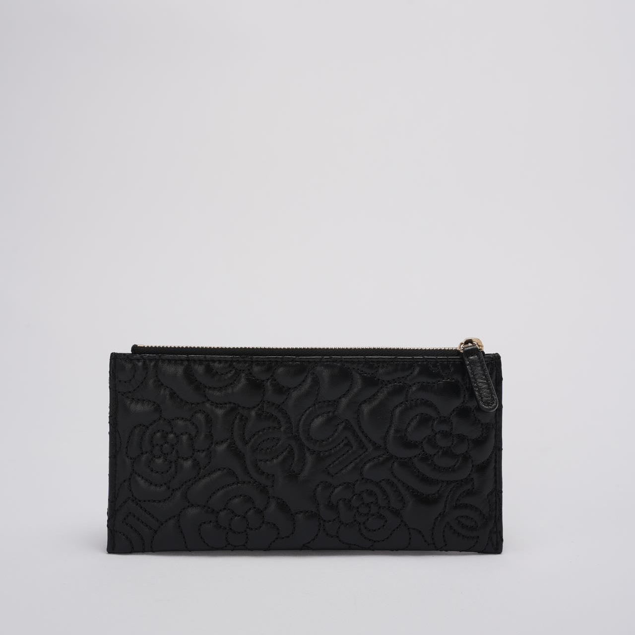 Chanel Camellia Quilted Lambskin Leather Black Zip Pouch