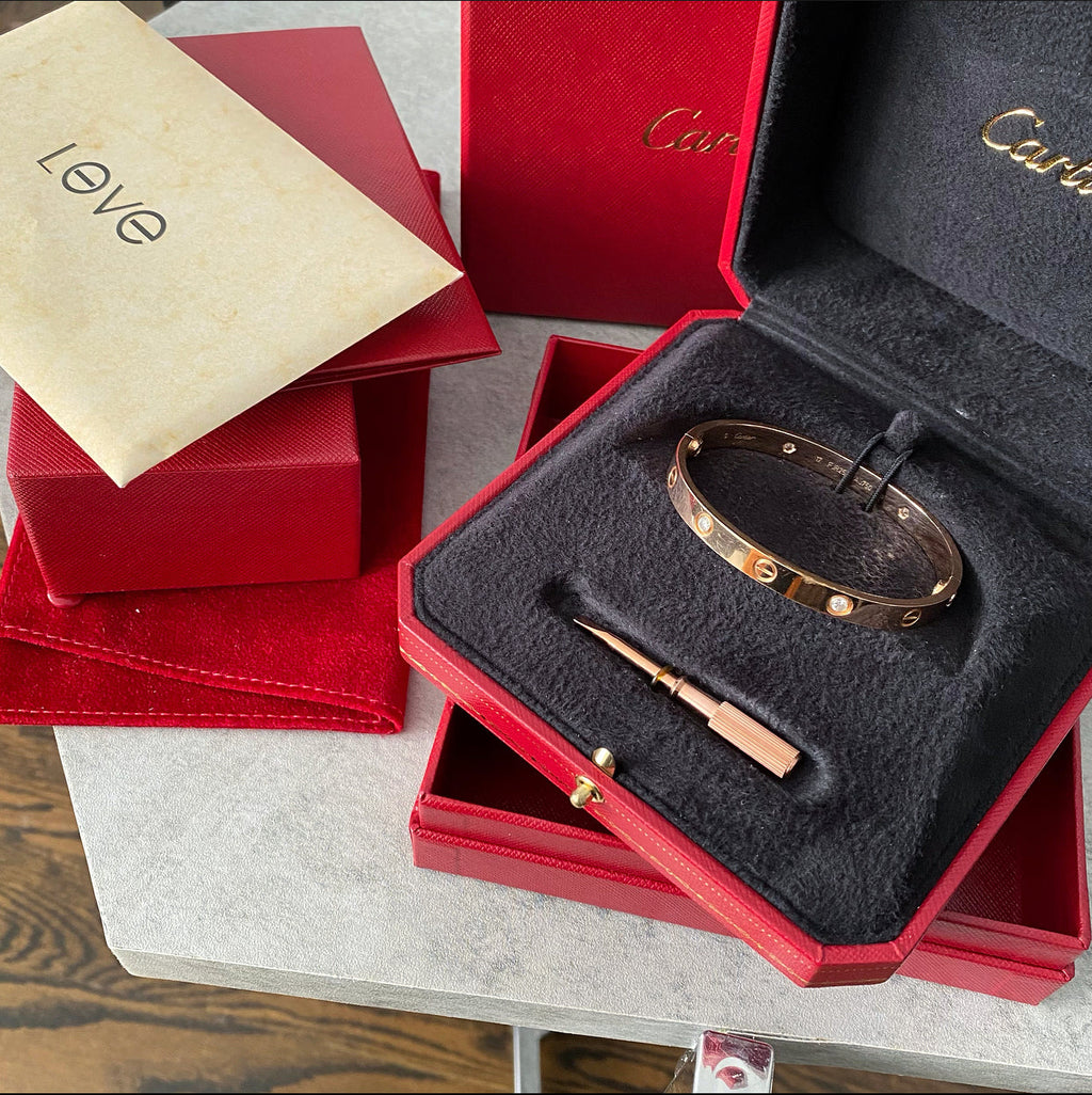Cartier 18k Rose Gold 4 Diamond Love Bracelet - size 17