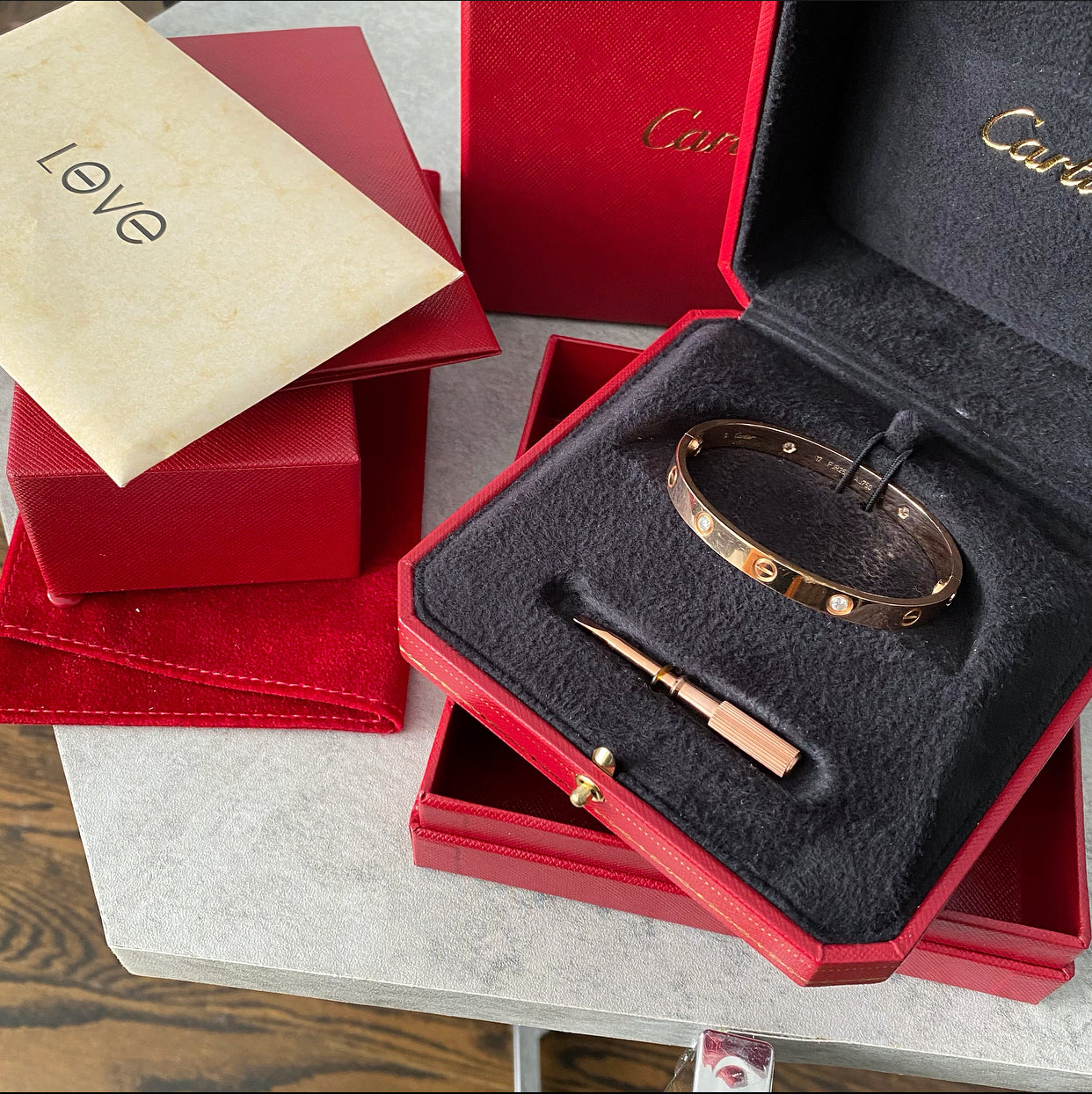 Cartier 18k Rose Gold 4 Diamond Love Bracelet - size 17