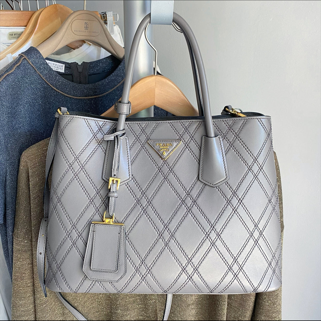 Prada Gray Argilla Diamond Quilt Two-Way Tote Bag