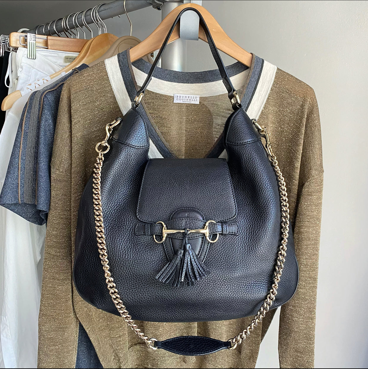 Gucci Black Grained Leather Emilie Hobo Bag
