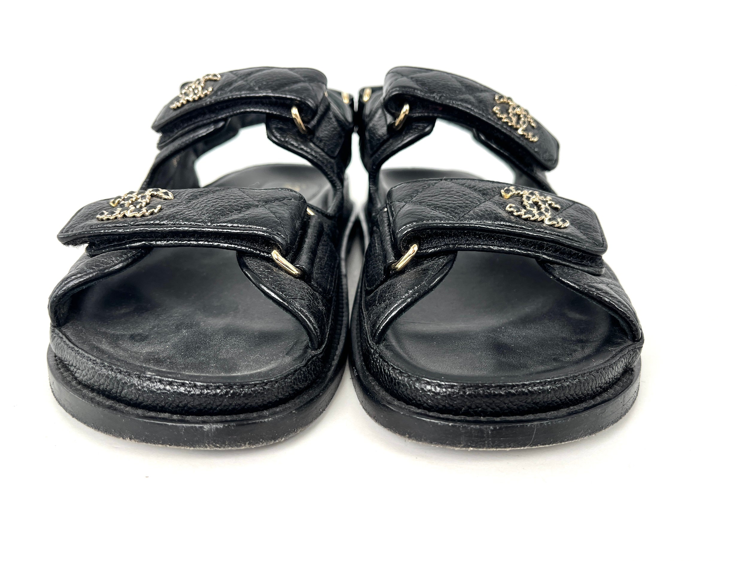 CHANEL Dad Caviar CC Logo Black Leather Sandals 37, 6.5
